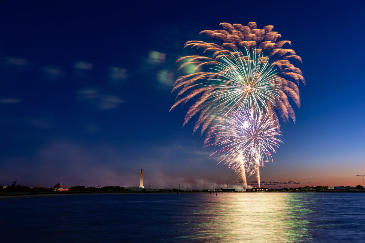 Fireworks display over Zachs Bay at Jones Beach State Park