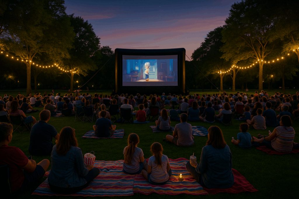 Families gathered on blankets at an outdoor movie night in a Nassau County park at sunset, with string lights and a large inflatable screen